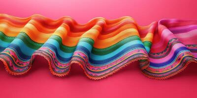 Colorful textile draped elegantly against a vibrant pink backdrop showcases traditional patterns and craftsmanship from a rich cultural heritage photo