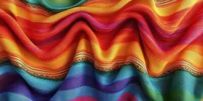 Brightly colored textile fabric drapes with vibrant patterns from cultural heritage photo
