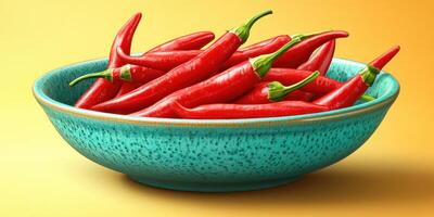 Fresh red chili peppers arranged in a turquoise bowl against a vibrant orange background photo