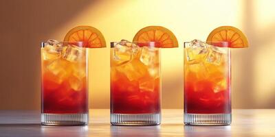 Refreshing summer cocktails served in tall glasses with vibrant garnishes on a wooden table photo