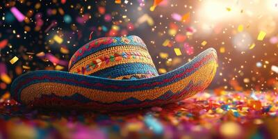 Celebrate with a colorful sombrero surrounded by confetti and festive lights at a lively party atmosphere photo