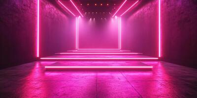 Neon-lit stage with glowing pink lights creating a vibrant atmosphere ideal for concerts and performances photo