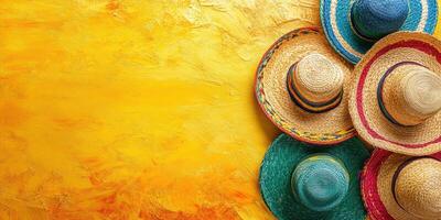 Colorful sombreros arranged artistically on a bright yellow background showcasing vibrant patterns and textures photo