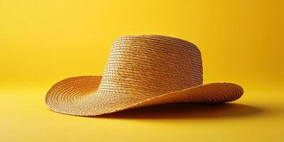 Wide-brimmed straw hat resting on a bright yellow background with soft natural lighting showcasing its texture and shape photo
