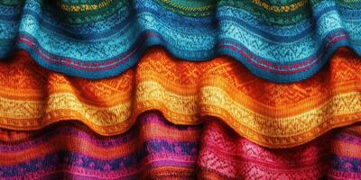 Colorful woven fabric displayed in vibrant patterns and textures at a local artisan market in the afternoon light photo