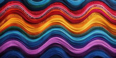 Colorful woven textiles display intricate patterns at a market in Peru, showcasing traditional craftsmanship and vibrant designs photo