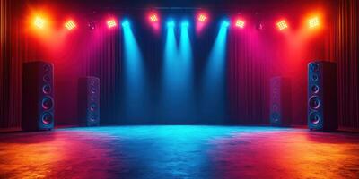 Vibrant concert stage setup with colorful lighting and speakers in a performance venue photo