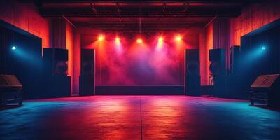 Vibrant stage setup with colorful lighting ready for an electrifying performance at a music venue in the evening photo