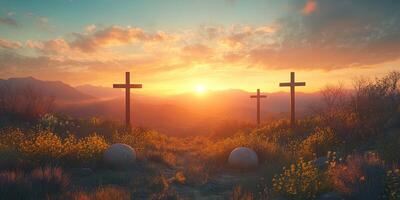 Three wooden crosses on a hilltop at sunset with a beautiful sky and distant mountains photo