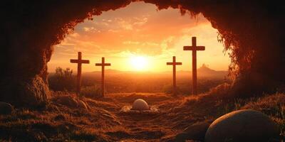 Sunrise illuminates crosses at a serene burial site in the mountains during a peaceful early morning photo