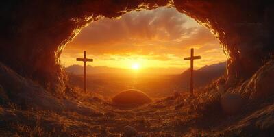 Sunset view from a cave with two crosses overlooking a serene landscape during golden hour photo