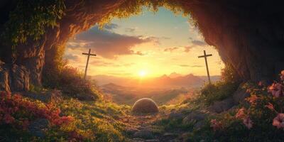 Sunrise illuminates a serene landscape view from a cave with crosses and a stone rolled away photo