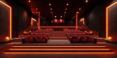 Modern cinema hall with vibrant lighting and comfortable seating designed for an immersive movie experience photo