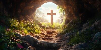 Cross emerging from a cave illuminated by sunlight in a serene landscape photo