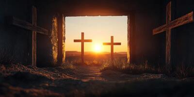 Three wooden crosses silhouetted against a sunset in a tranquil landscape, evoking reflection and serenity photo