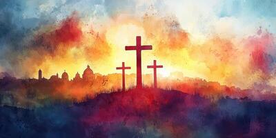Sunset silhouette of three crosses against a colorful sky in a peaceful landscape photo
