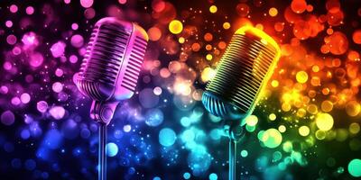 Colorful vintage microphones with vibrant bokeh effects create an engaging atmosphere for a music event or performance photo