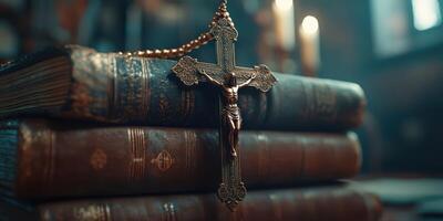Crucifix resting on old leather-bound books in dimly lit library with warm ambiance photo