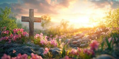 Sunrise over a tranquil cemetery with a stone cross surrounded by blooming flowers and a serene landscape photo