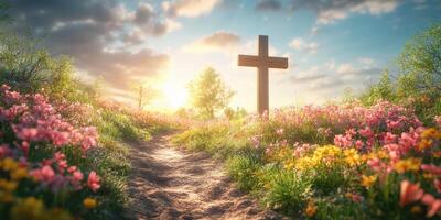 Sunrise over a pathway lined with colorful flowers and a wooden cross in a serene natural setting photo