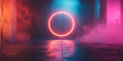 Neon ring illuminated in vibrant colors creates a captivating atmosphere in an empty urban space at night photo
