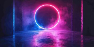 Glowing neon circle illuminates a dark corridor with colorful mist during a nighttime event photo