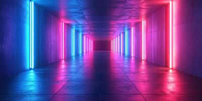 Vibrant neon corridor illuminated with blue and pink lights in a modern architectural setting photo