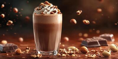 Creamy chocolate beverage topped with whipped cream and nuts set against a warm background photo