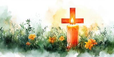 Vibrant memorial candle surrounded by flowers in an outdoor setting at dusk photo