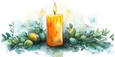 Colorful candle surrounded by greenery and fruits on a soft background in a serene setting photo