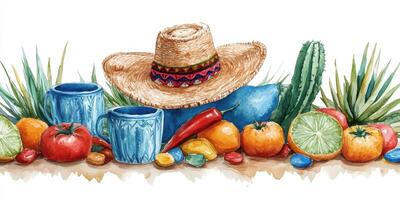 Colorful still life with fruits, hat, and traditional items on a rustic table photo