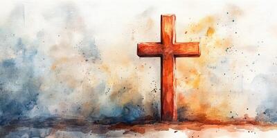 Vibrant watercolor cross stands against a backdrop of soft hues capturing a moment of reflection and spirituality photo