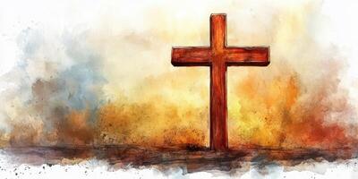 Rustic wooden cross stands against a backdrop of vibrant colors during a serene sunset photo