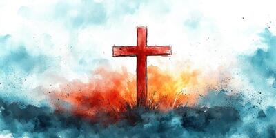 Colorful depiction of a cross surrounded by vibrant hues at sunset photo