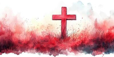 Red cross stands alone amid a field of watercolor flowers at dusk in a serene landscape photo