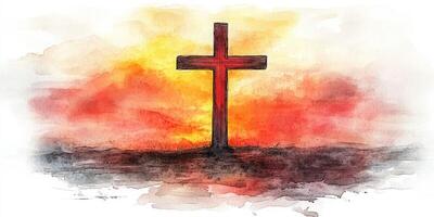 Sunset illuminates a cross against a vibrant sky in a serene landscape photo