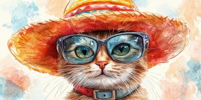 Cat wearing stylish glasses and a straw hat enjoys a sunny day outdoors during summer photo
