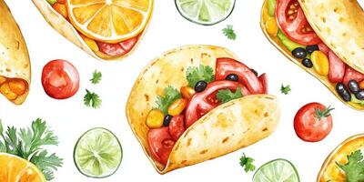 Vibrant tacos filled with fresh vegetables and citrus fruits on a white background photo