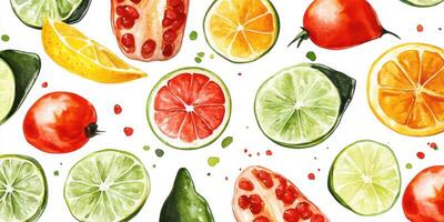 Colorful arrangement of fresh fruits featuring citrus and pomegranate on a white background in a vibrant watercolor style photo