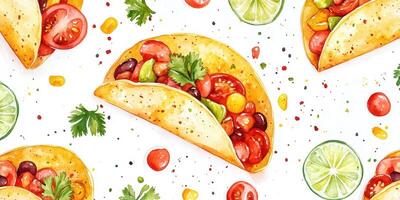 Colorful tacos filled with fresh vegetables and herbs on a white background photo