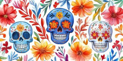 Colorful sugar skulls adorned with flowers celebrate Day of the Dead festivities in a vibrant artistic display photo