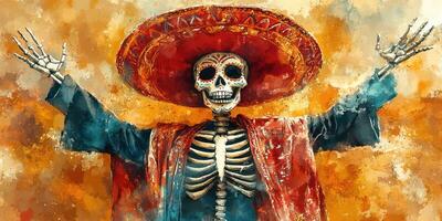 Celebrating life with a skeleton in a vibrant sombrero during a festive occasion in a colorful setting photo