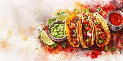 Savoring freshly made tacos with vibrant toppings on a colorful background photo