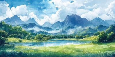 Scenic mountain landscape with lush greenery and tranquil lake under a bright blue sky photo