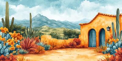Vibrant desert landscape with cacti and colorful flowers near a rustic building in a mountainous region photo