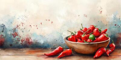 Fresh red chilies in a rustic bowl on a wooden table against a textured background photo