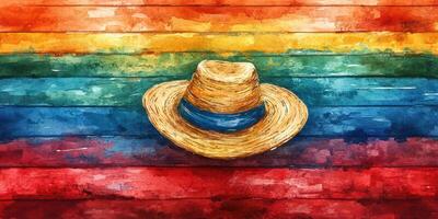 Colorful wooden background with a straw hat as a vibrant focal point in a summery setting photo