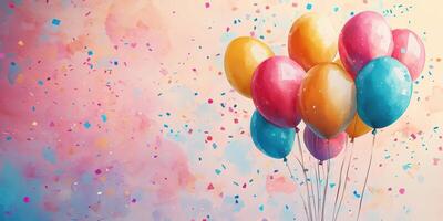 Colorful balloons against a vibrant background with confetti for a celebratory atmosphere at a festive gathering photo