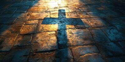 Light casts a cross shadow on textured stone surface in a solemn setting photo