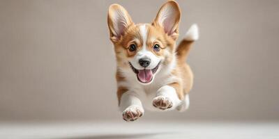 Happy corgi puppy leaps joyfully in a bright indoor space during playful afternoon hours photo